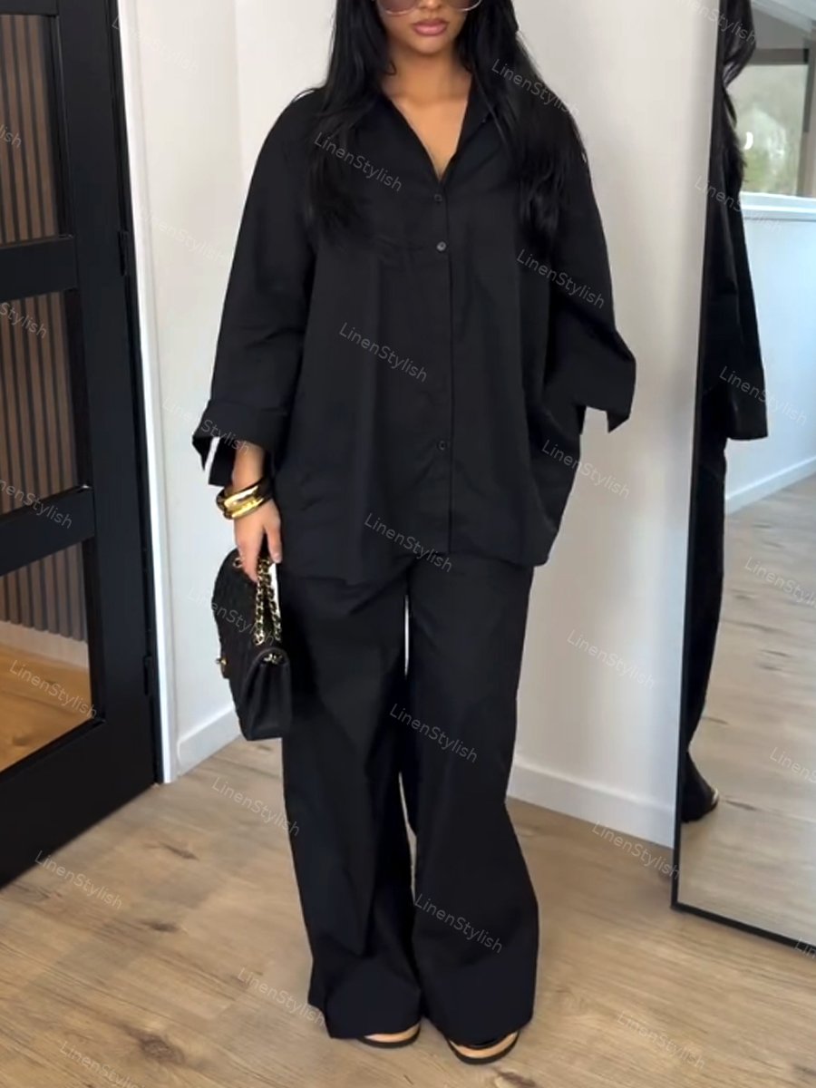 Casual Solid Color Loose Shirt & Pants Two-piece Set