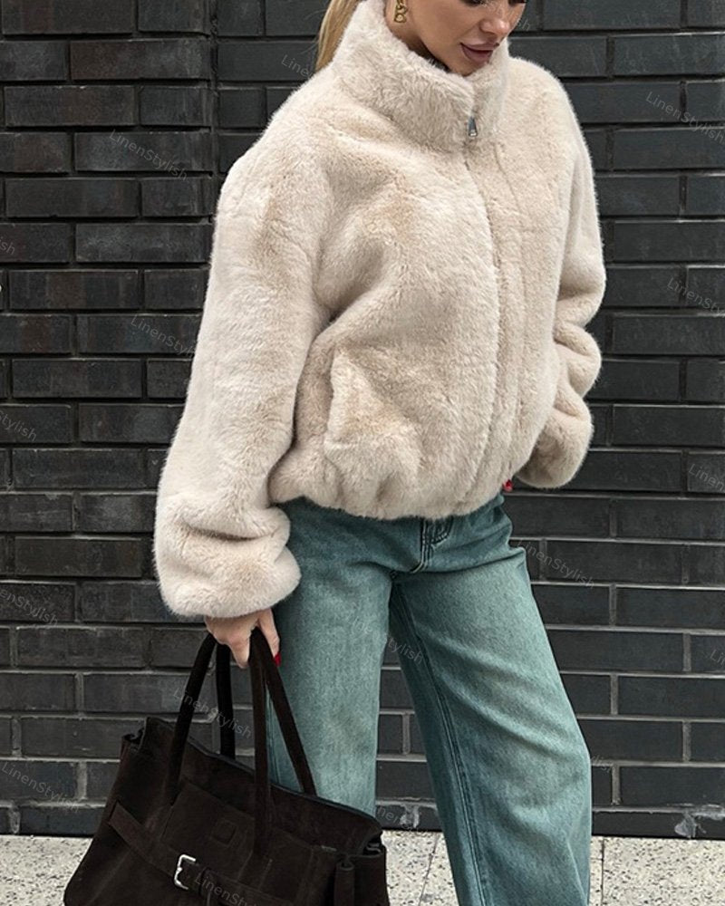 Vertical Collar Zipper Plush Short Jacket