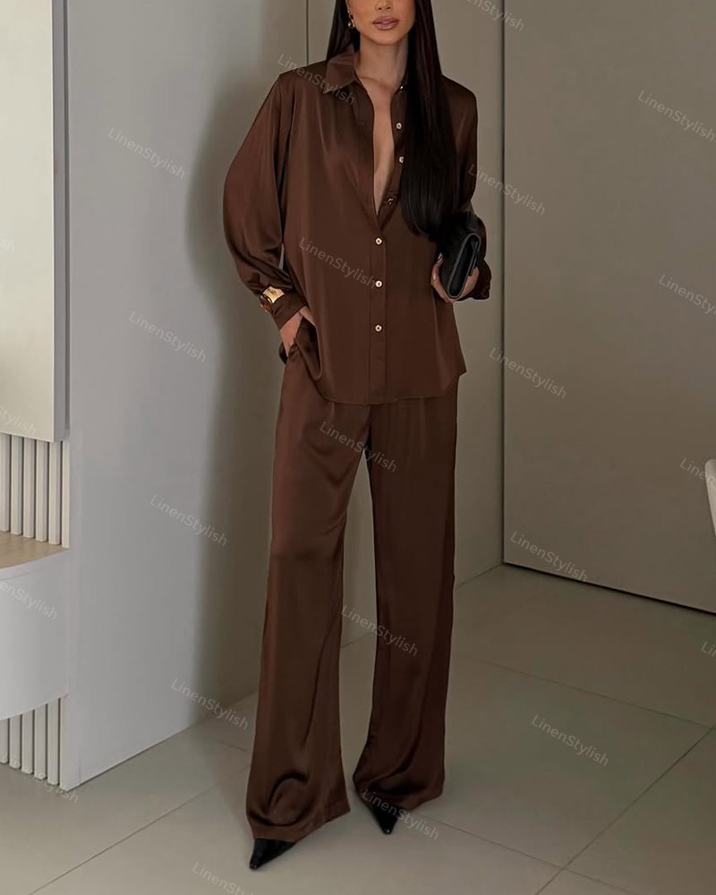 Casual Solid Shirt & Wide Leg Two-Piece Set
