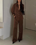 Casual Solid Shirt & Wide Leg Two-Piece Set