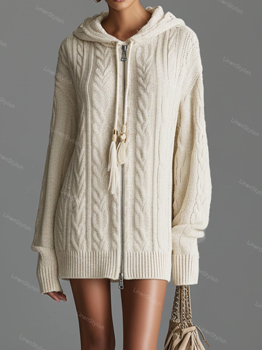 Knitted Hooded Zip-Up Cardigan Mini Dress