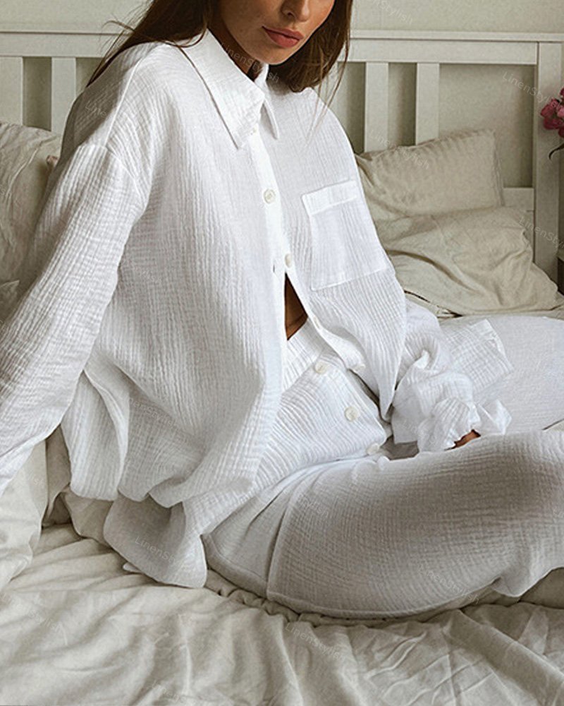 Cotton Wrinkled Leather Shirt Trousers Set