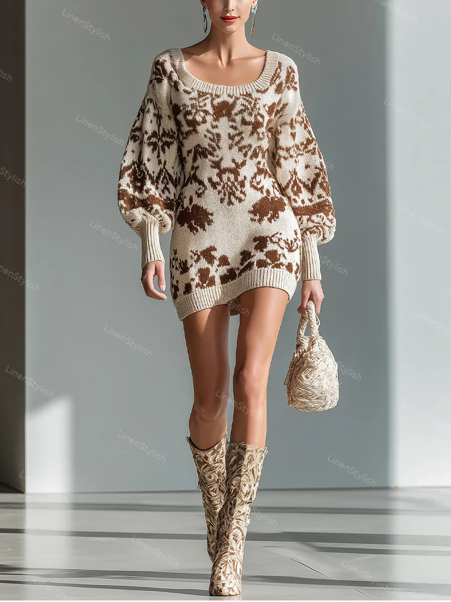 Brown Pattern Knit Mini Dress