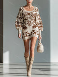 Brown Pattern Knit Mini Dress