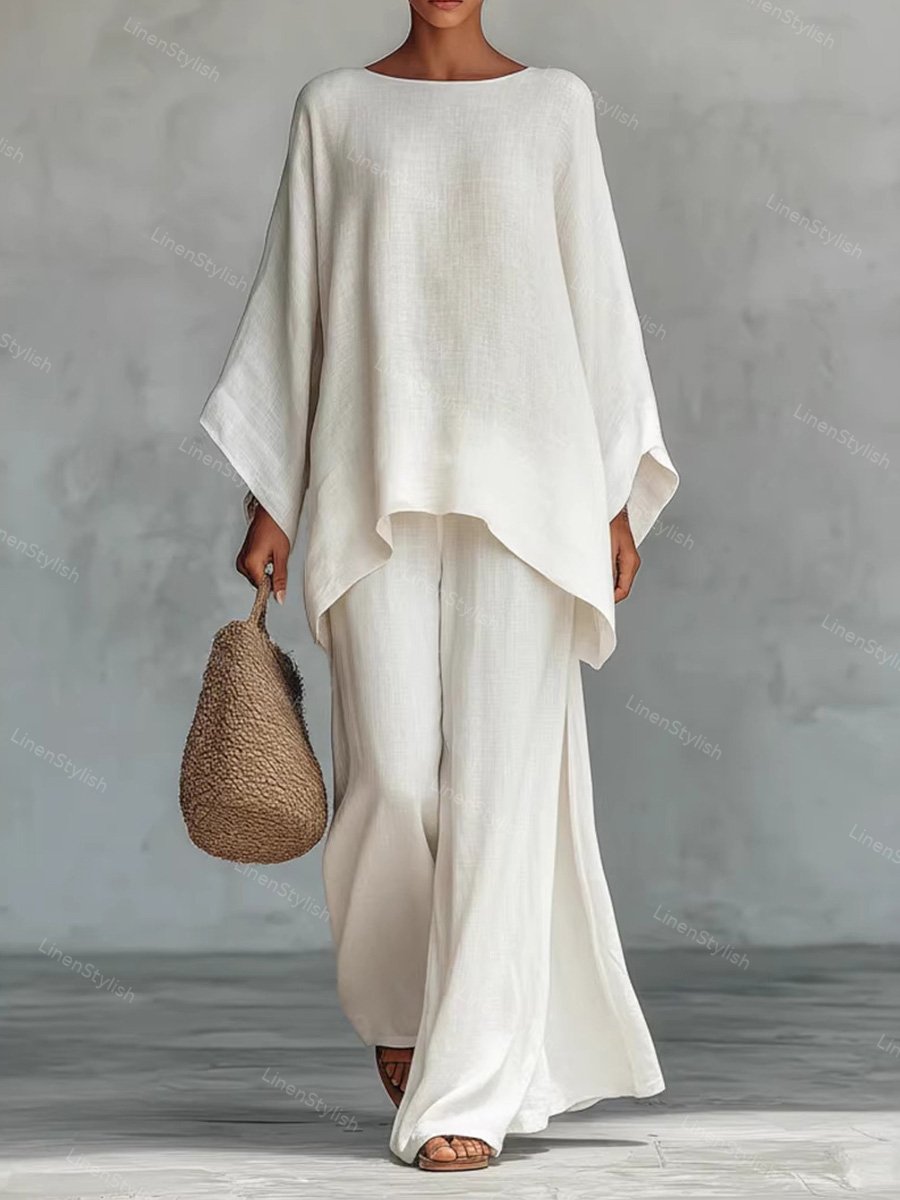 Loose Linen Shirt Wide Leg Pants Set