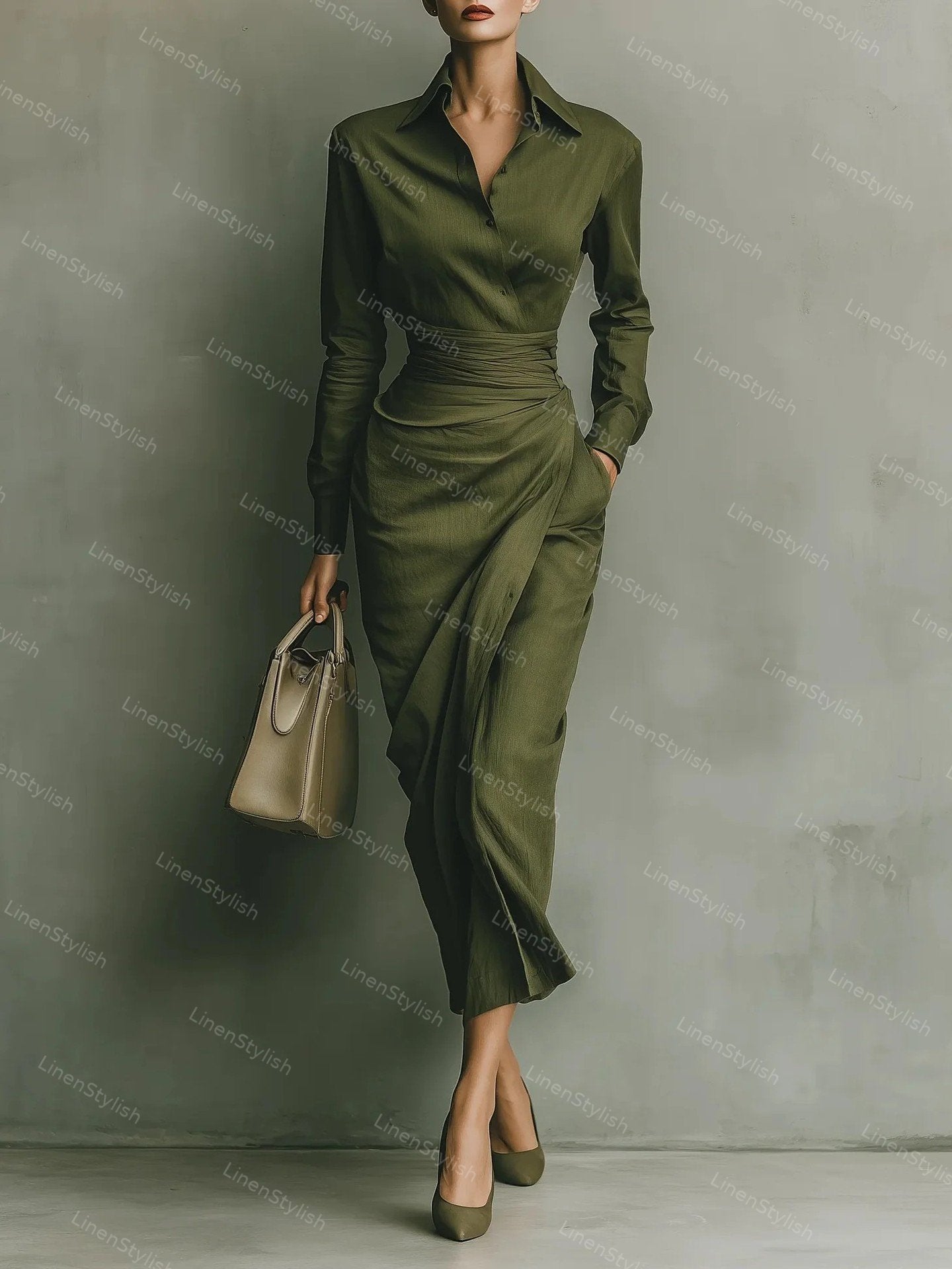 Slim-Fit Asymmetrical Long-Sleeve Shirt Dress