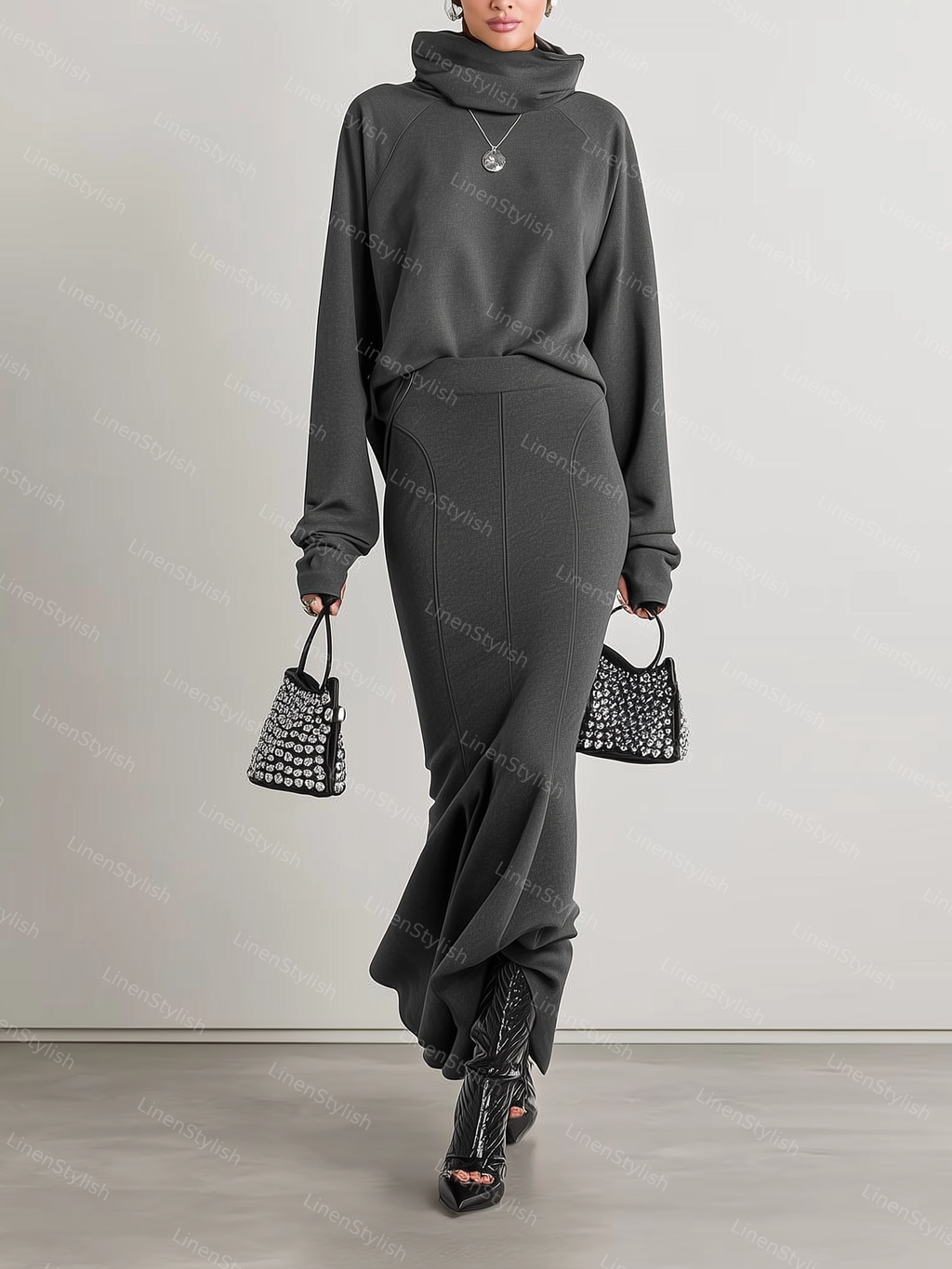 Mock-neck Sweatshirt Hip Fishtail Dress Set