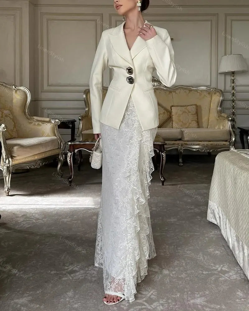 Fashion Blazer & Lace Overskirt Two-piece Set