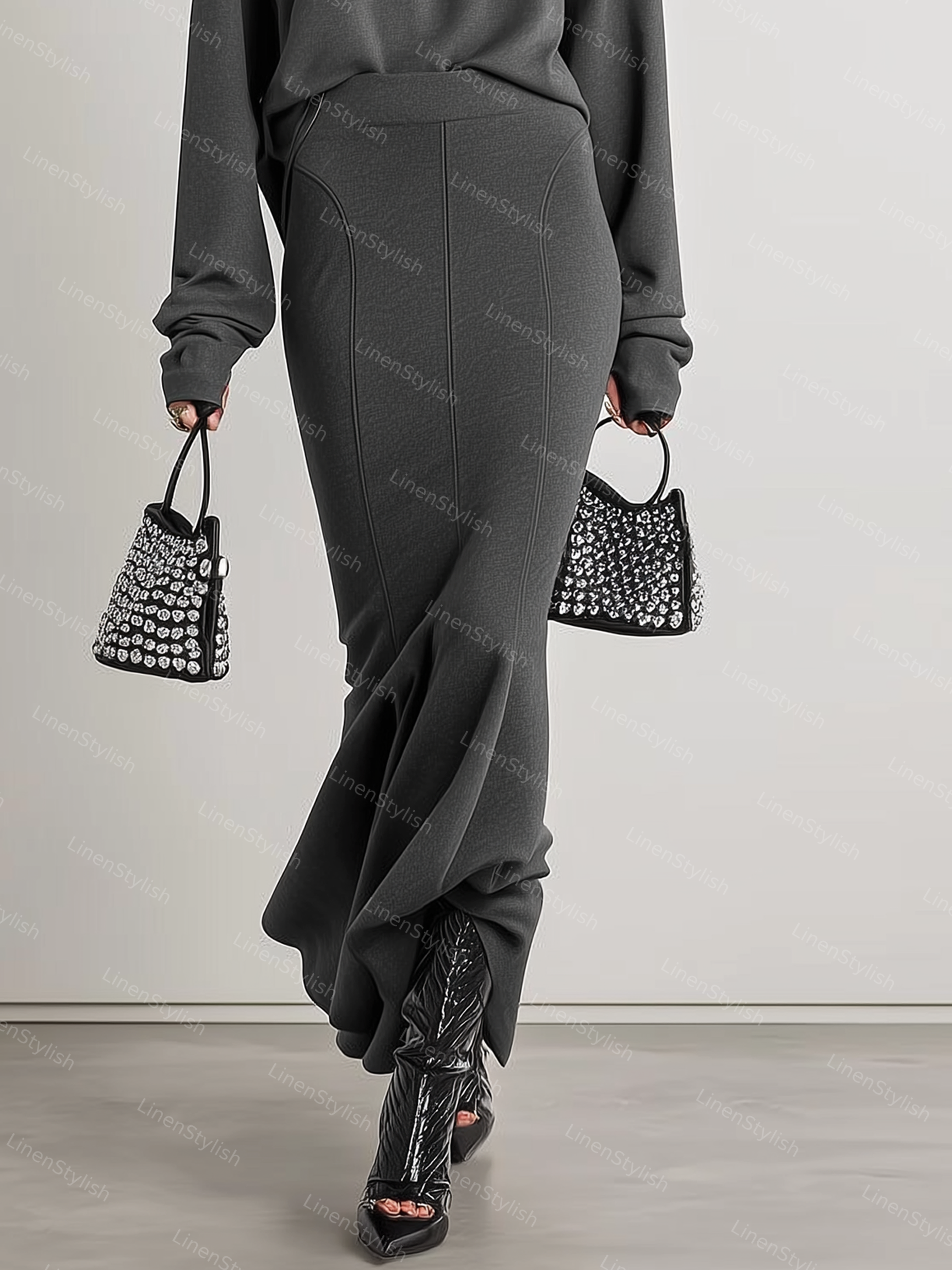 Mock-neck Sweatshirt Hip Fishtail Dress Set