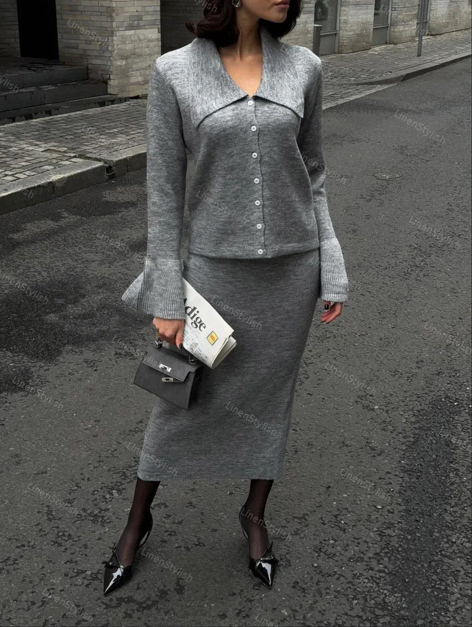 V-neck Knitted Cardigan Skirt Two-piece Set