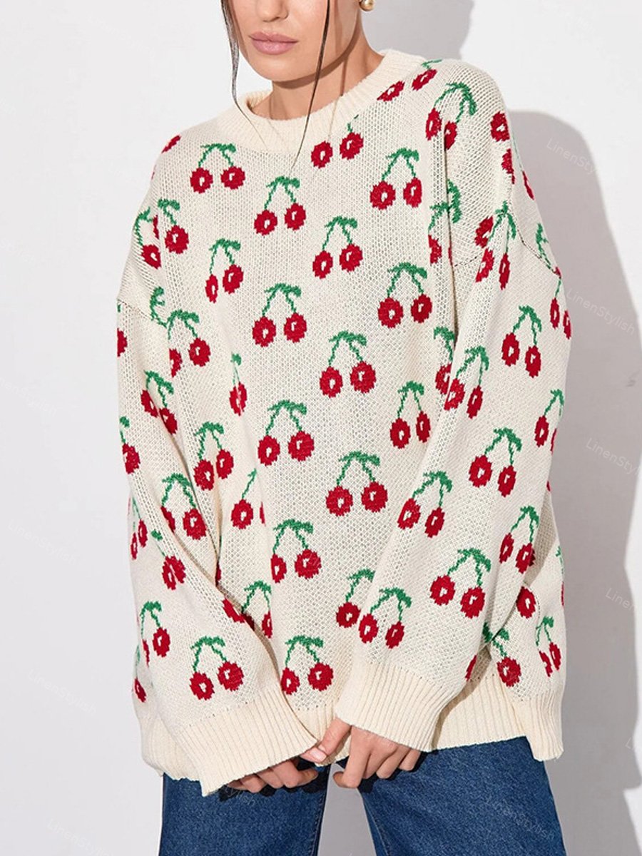 Cherry Print Loose Sweater