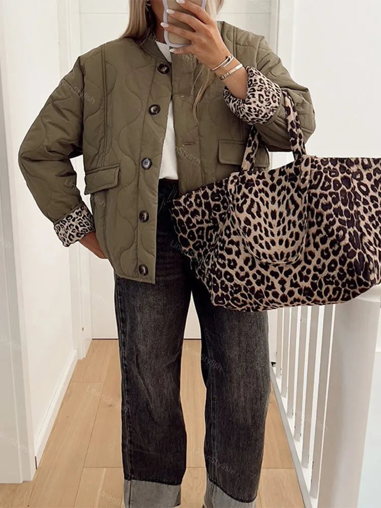 Quilted Buttons Leopard Print Coat