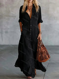 Solid Color Long Shirt Collar Twist Pocket Dress