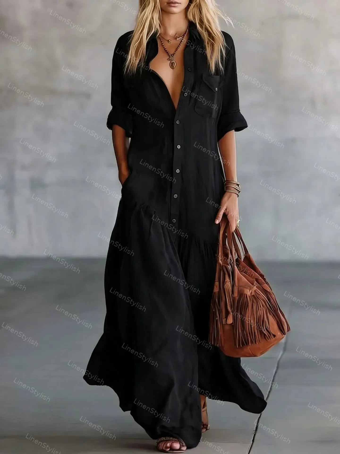 Solid Color Long Shirt Collar Twist Pocket Dress