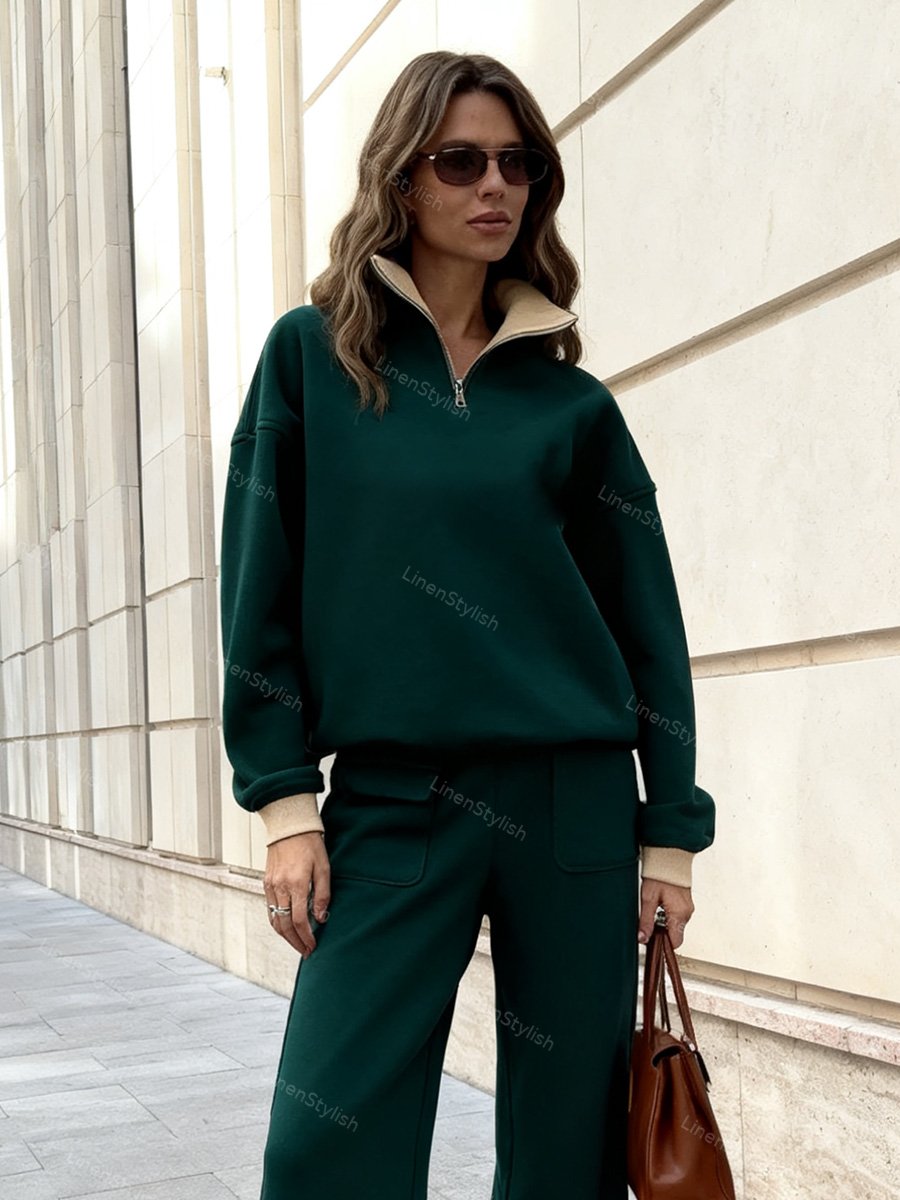 Vertical Collar Half-Zip Sweatshirt Pants Set