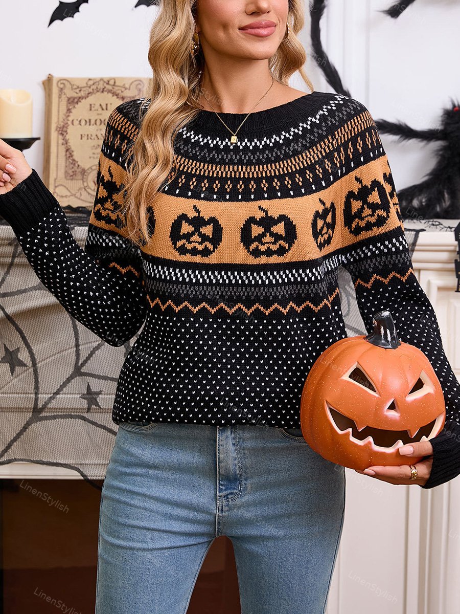 Halloween Pumpkin Embroidered Sweater
