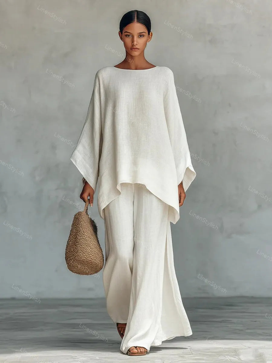 Loose Linen Shirt Wide Leg Pants Set