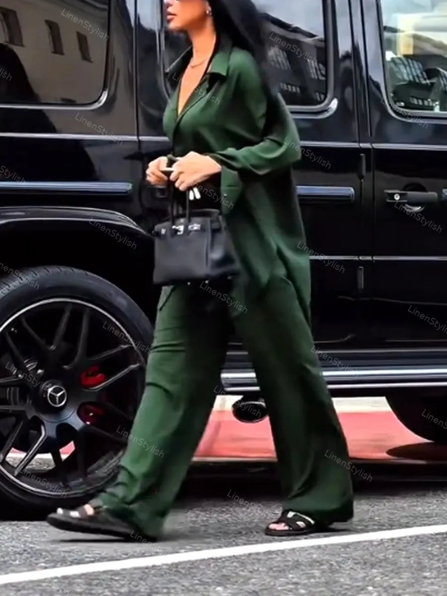 Casual Solid Color Shirt & Pants Two-piece Set