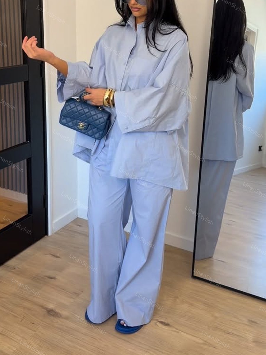 Casual Solid Color Loose Shirt & Pants Two-piece Set