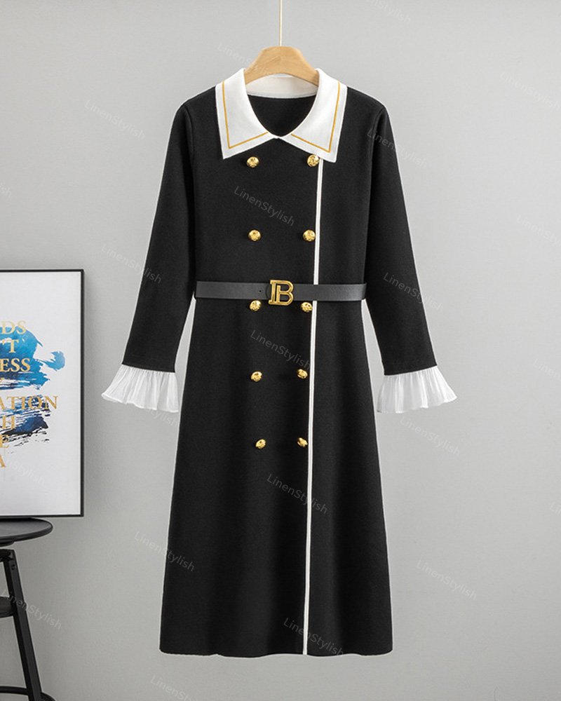 Collar Patchwork Horn Sleeve Knitted Dress