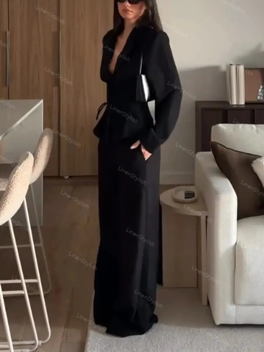 Fashionable Belted Blazer & Pants Two-piece Set