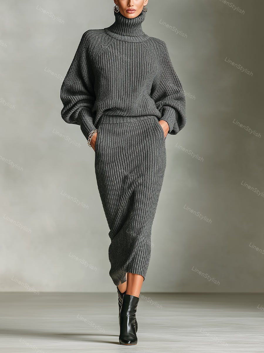 Simple Turtleneck Sweater Knitted Skirt Set