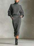 Simple Turtleneck Sweater Knitted Skirt Set