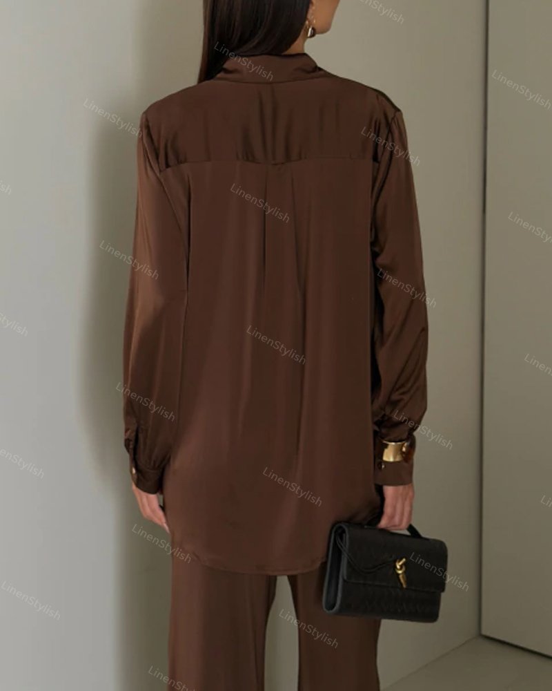 Casual Solid Shirt & Wide Leg Two-Piece Set