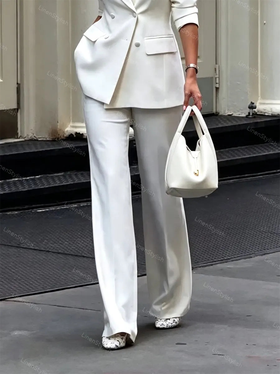 Fashionable And Elegant Tight Waist Double-breasted Blazer & Pants Two-piece Set