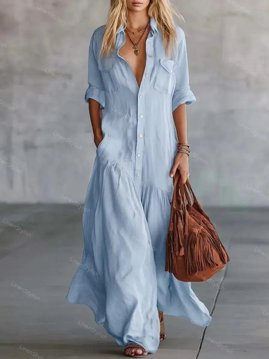 Solid Color Long Shirt Collar Twist Pocket Dress