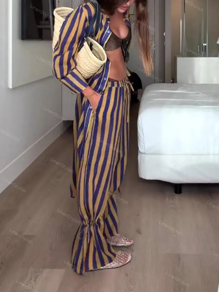 Stylish Striped Long Shirt Dress & Pants Two-piece Set