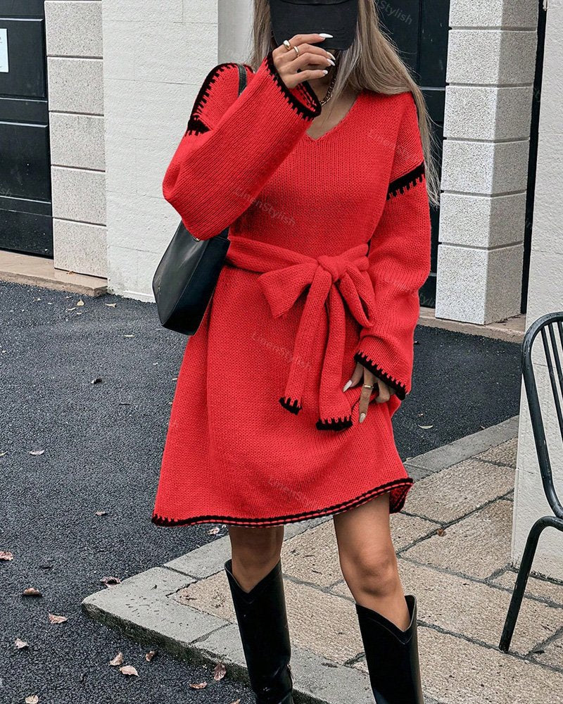Strap V-neck Long Sleeve Knitted Dress