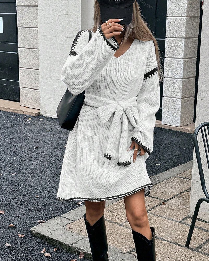Strap V-neck Long Sleeve Knitted Dress