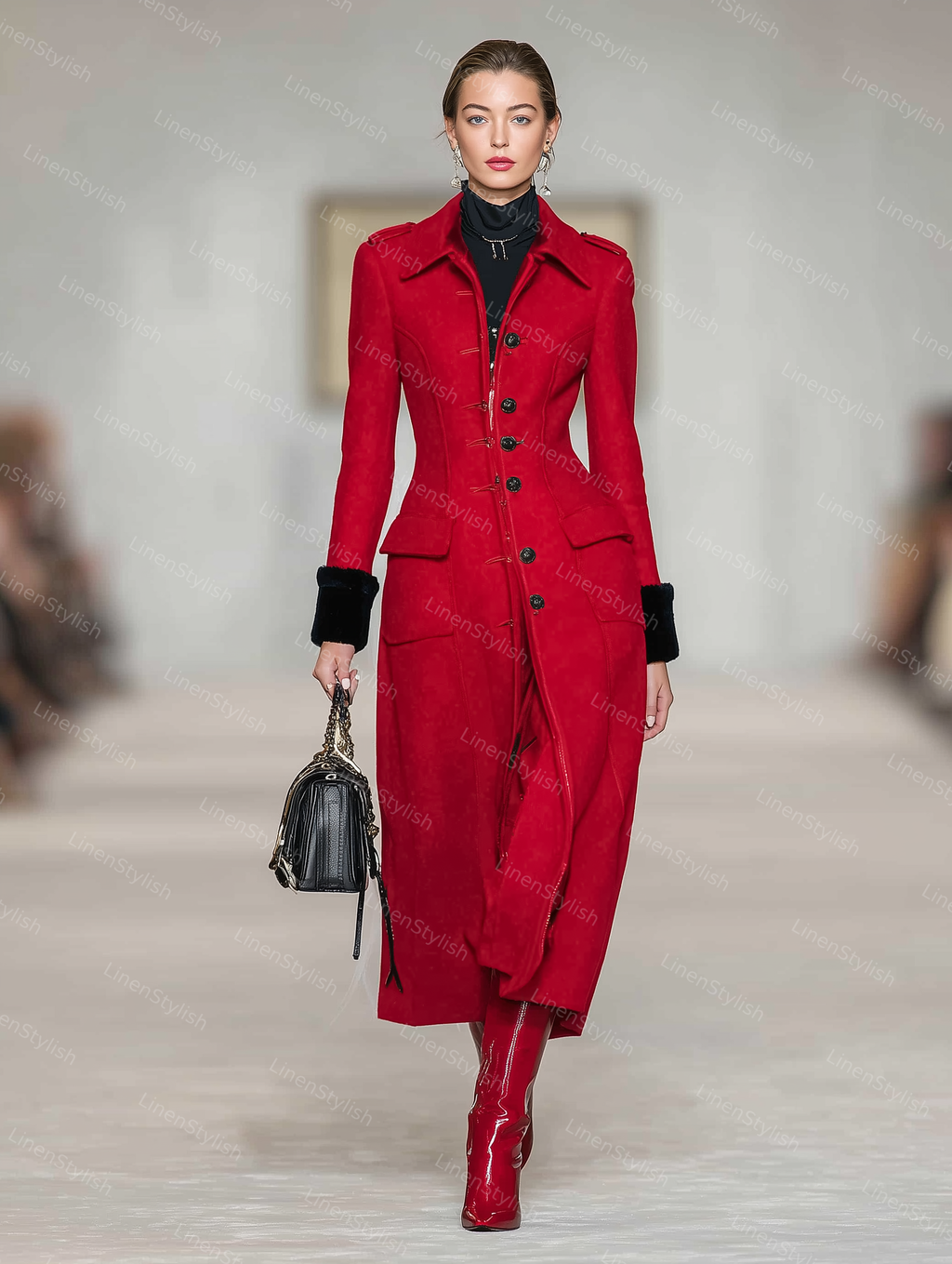 Red Long Coat With Single-breasted Pocket
