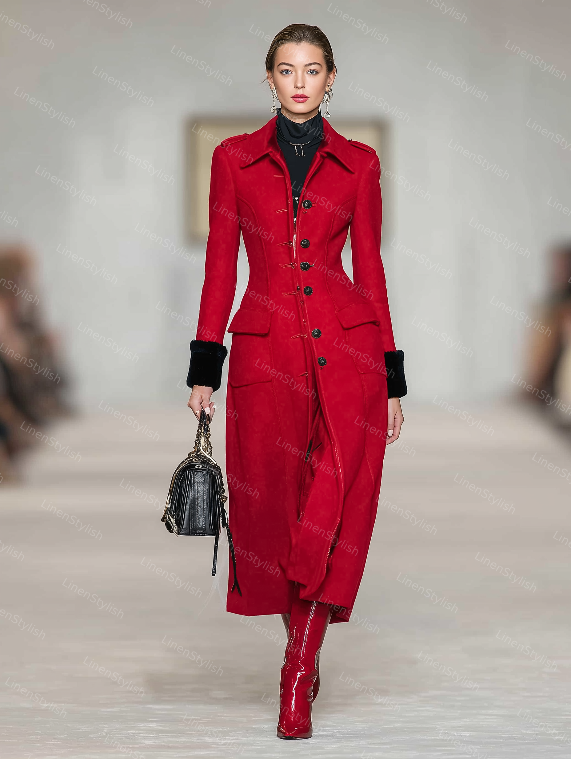 Red Long Coat With Single-breasted Pocket