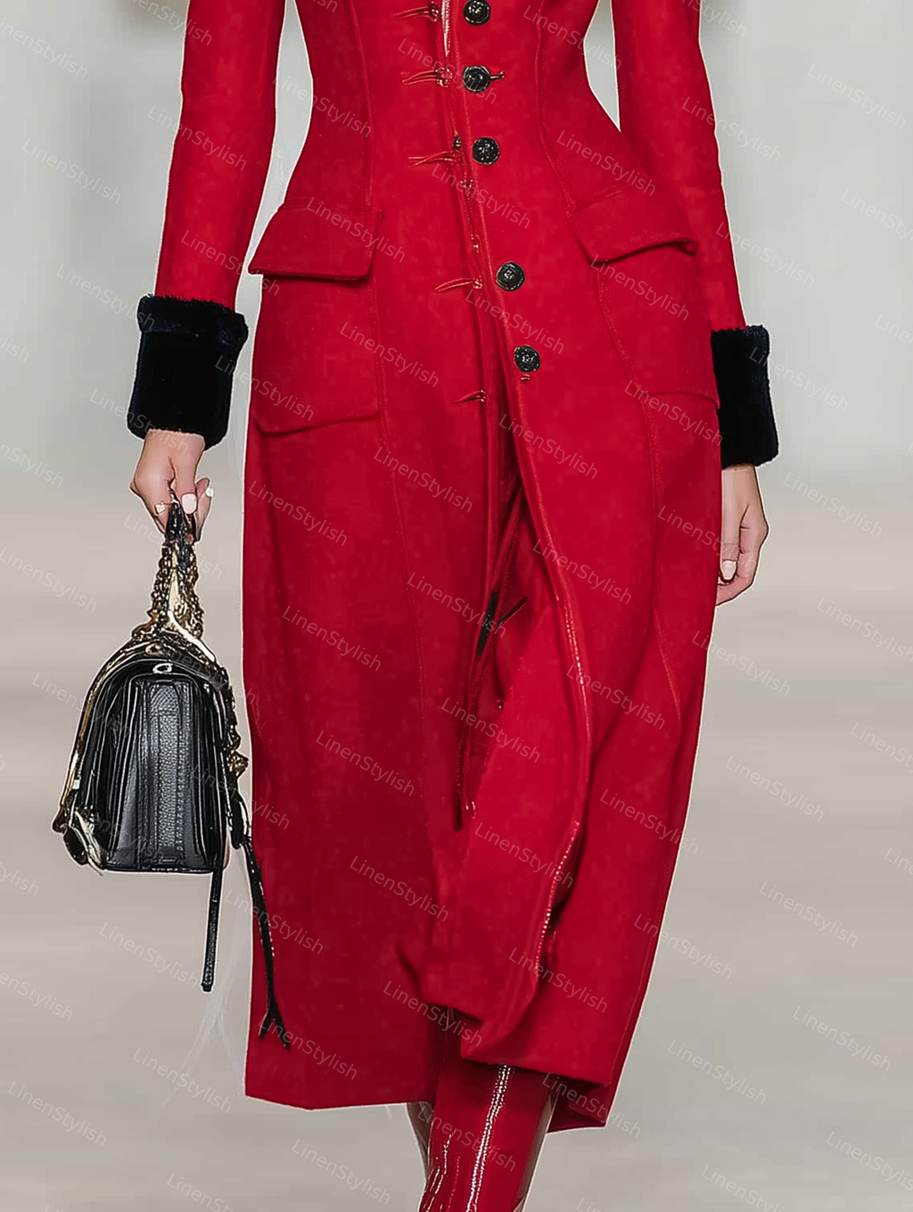 Red Long Coat With Single-breasted Pocket