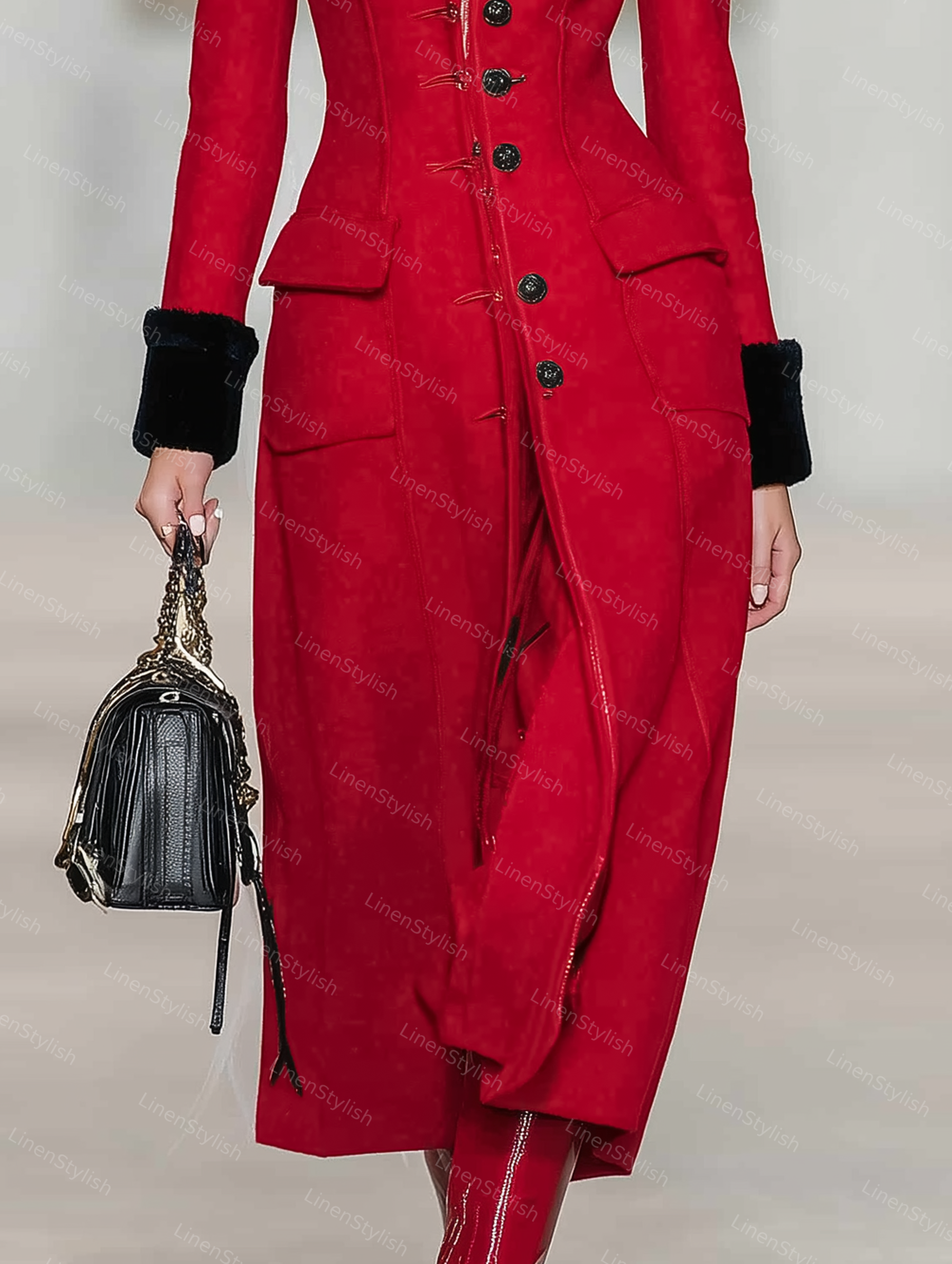 Red Long Coat With Single-breasted Pocket