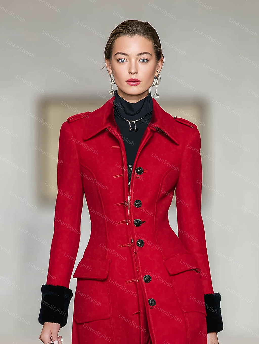 Red Long Coat With Single-breasted Pocket