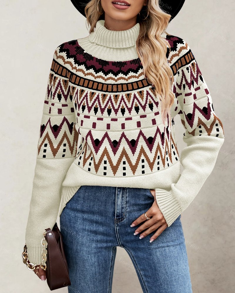 Vintage Stitched Contrast Turtleneck Sweater