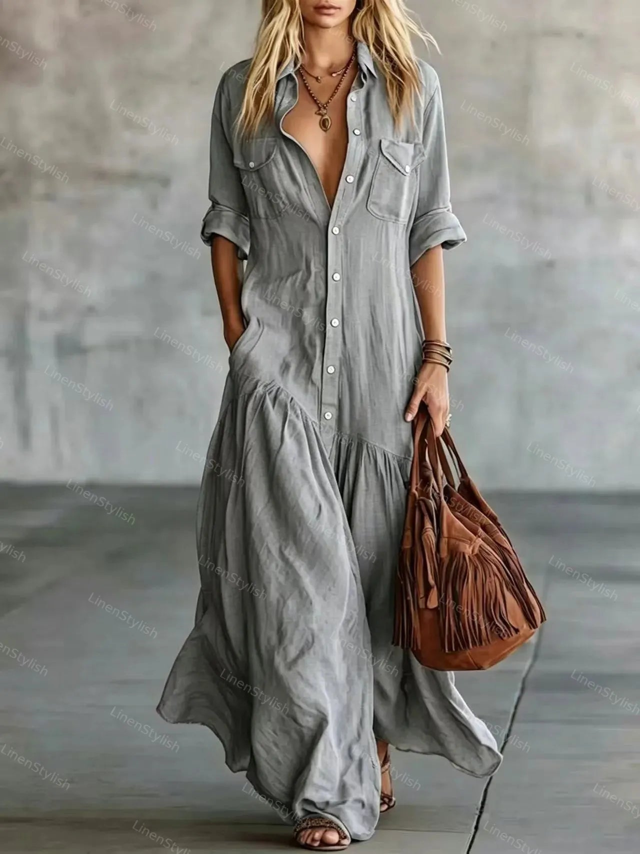Solid Color Long Shirt Collar Twist Pocket Dress