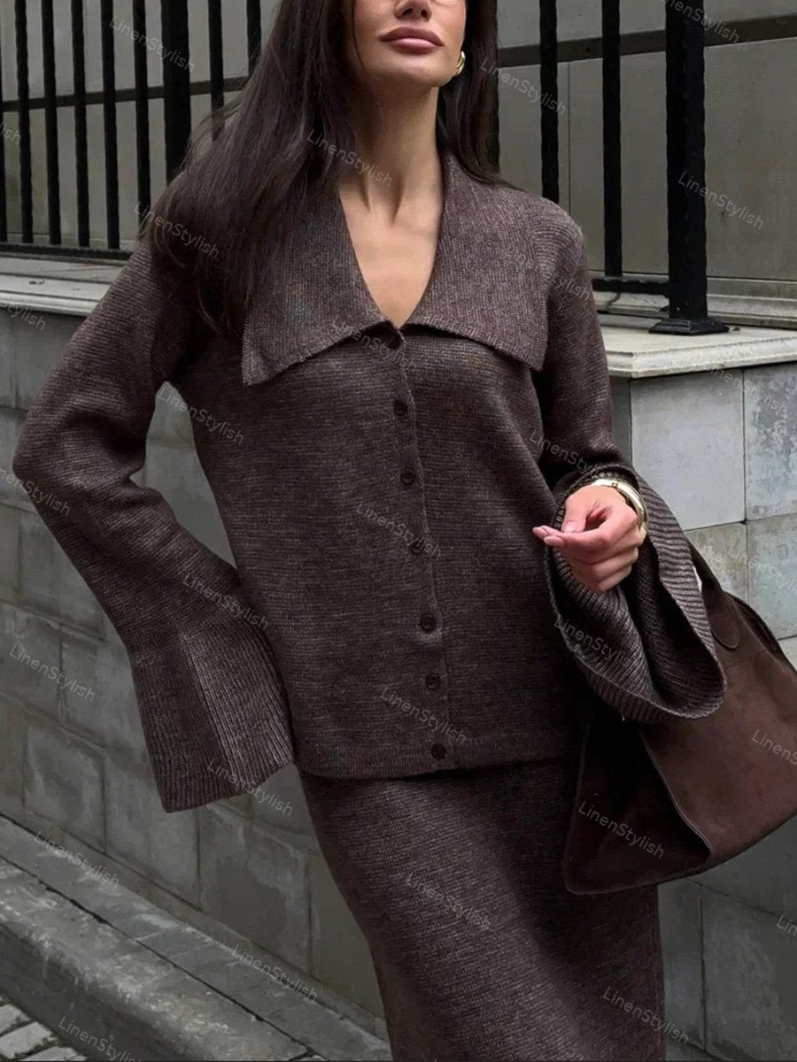 V-neck Knitted Cardigan Skirt Two-piece Set