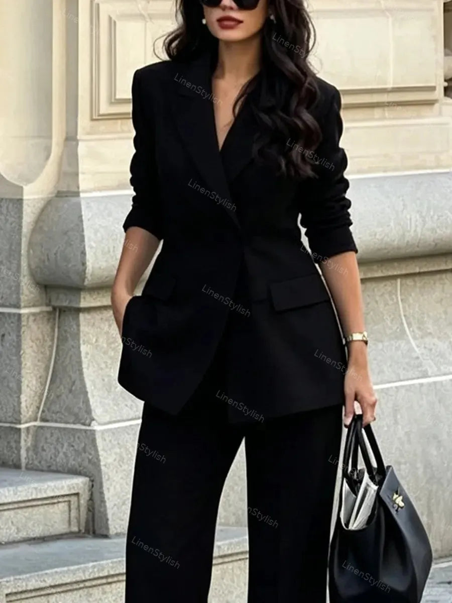 Fashionable And Elegant Tight Waist Double-breasted Blazer & Pants Two-piece Set