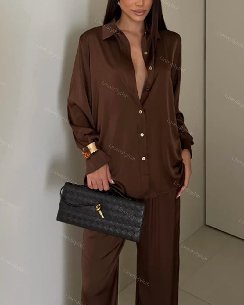 Casual Solid Shirt & Wide Leg Two-Piece Set