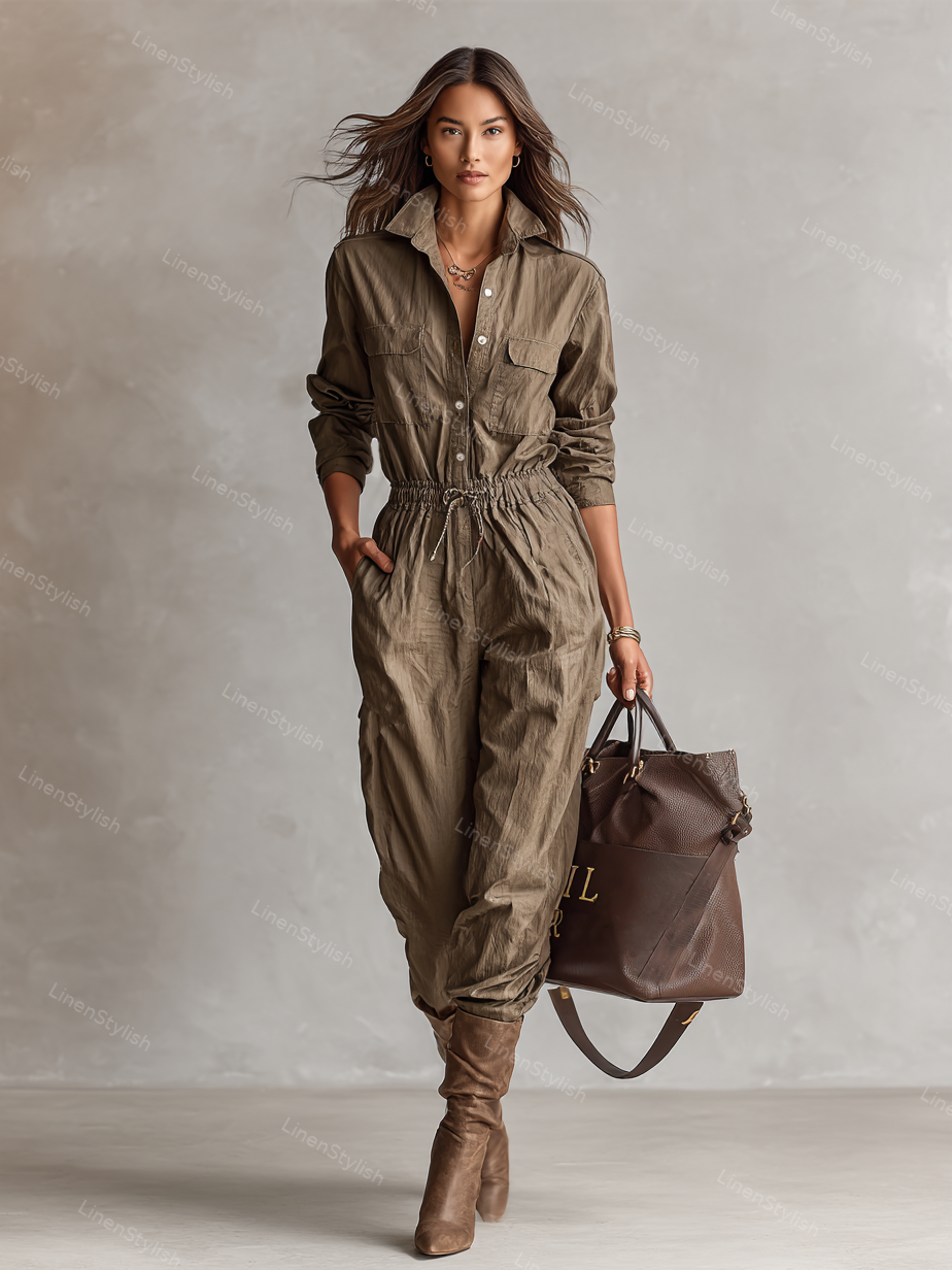 Button Waist Shirt Jumpsuit