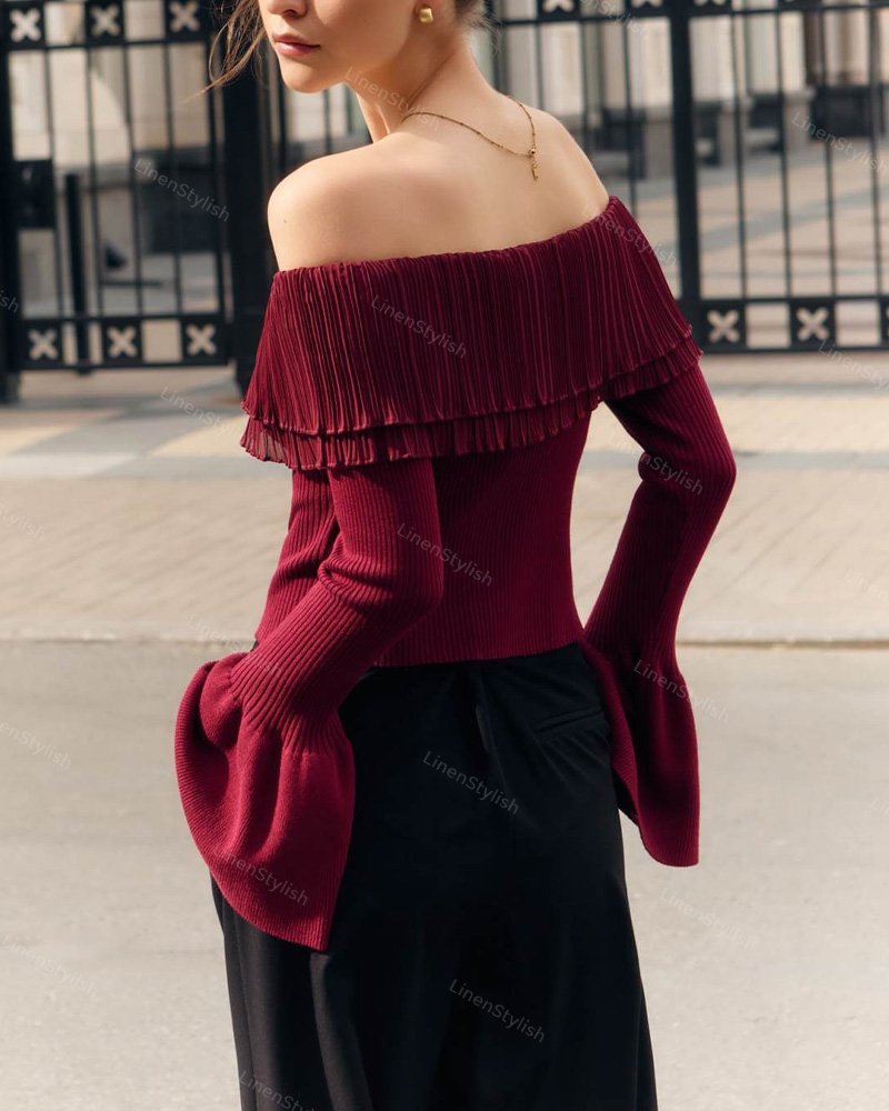 Off-the-shoulder Long-sleeve Patchwork Sweater