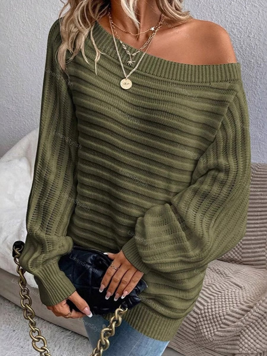 Slant Shoulder Collar Dolman-Sleeve Sweater