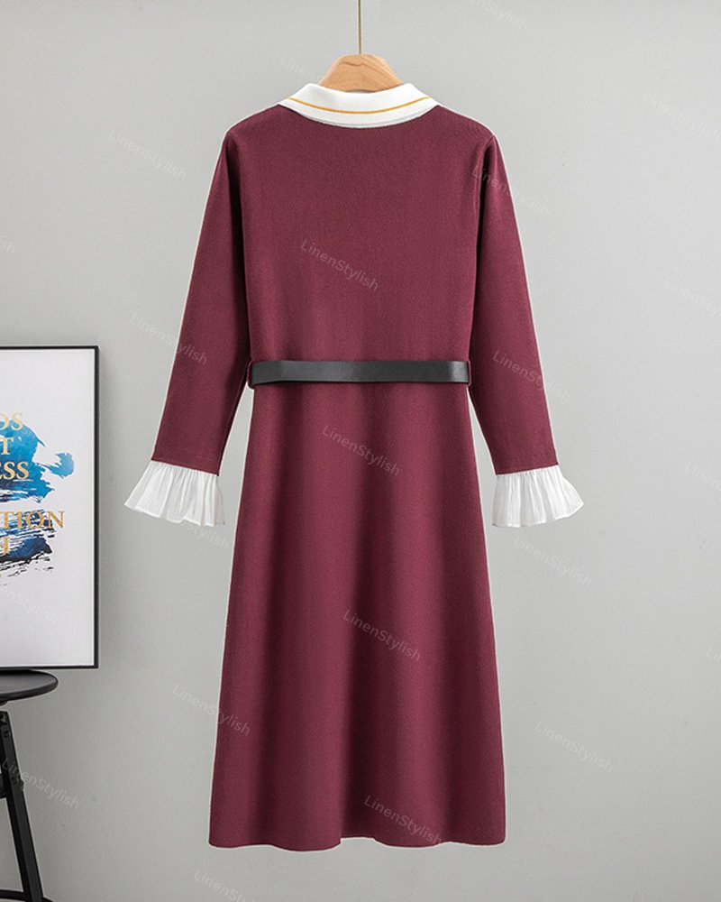 Collar Patchwork Horn Sleeve Knitted Dress