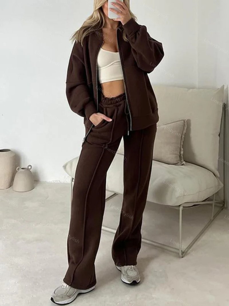 Solid Color Zipper Sweatshirt Jacket Trousers Set