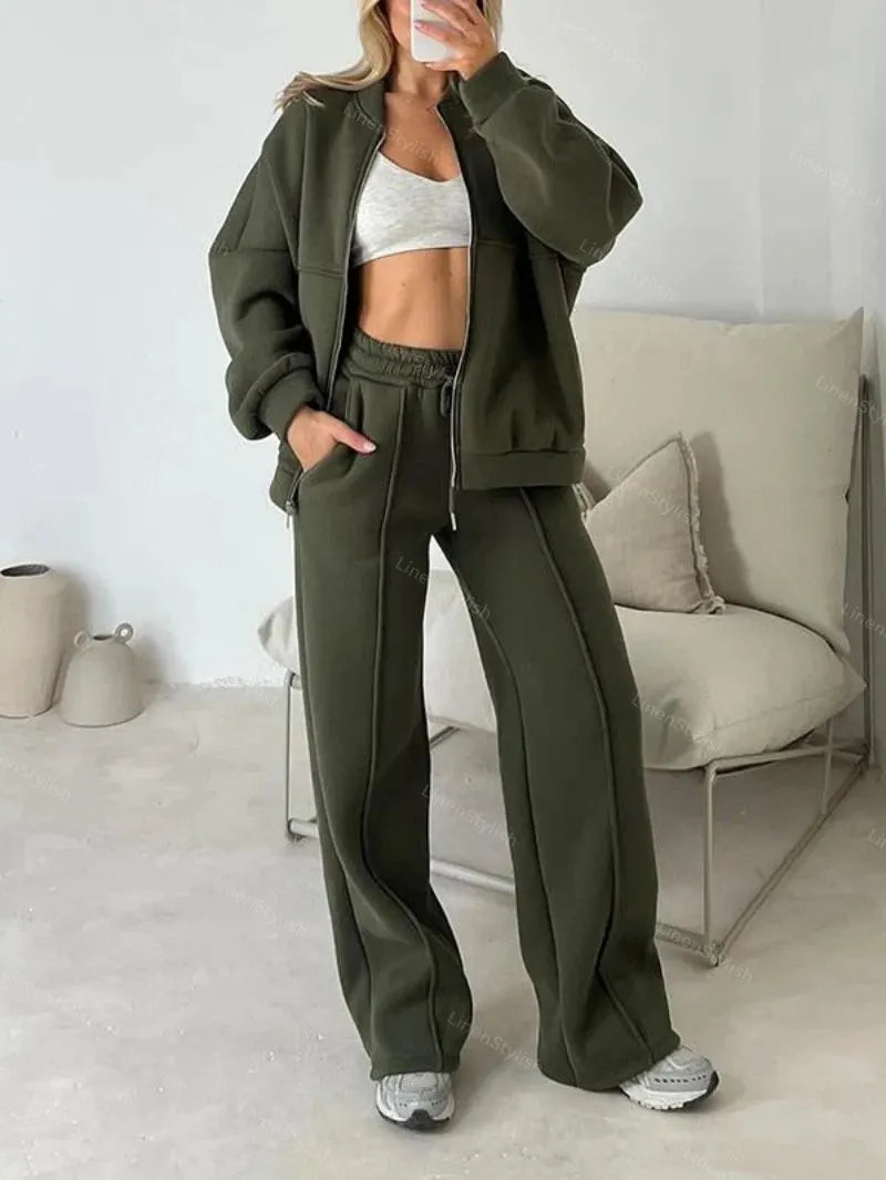 Solid Color Zipper Sweatshirt Jacket Trousers Set