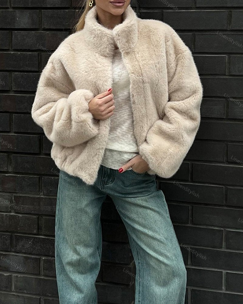 Vertical Collar Zipper Plush Short Jacket